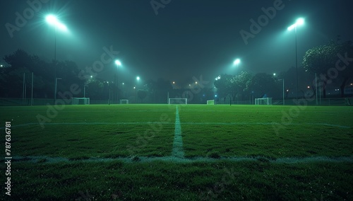 a soccer field with lights on it at night time