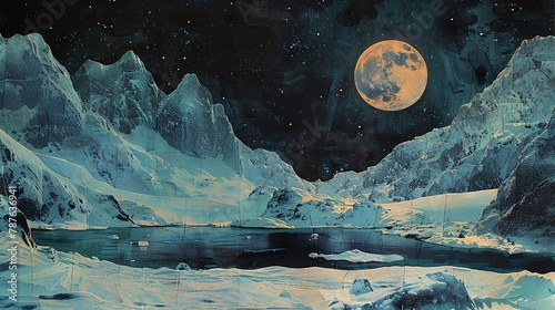 a painting of a mountain range with a full moon in the sky above it and a lake in the foreground
