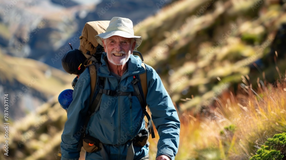 Elderly man hiking a challenging trail at high altitude, equipped with gear