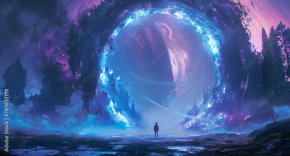 a man standing in front of a giant purple and blue object in the sky - obrazy, fototapety, plakaty 