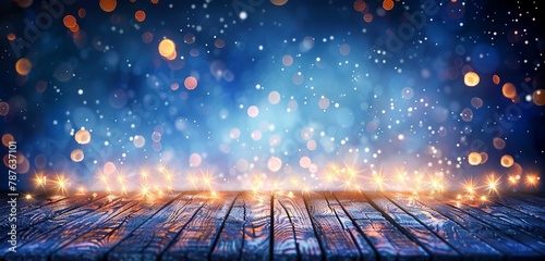 Abstract Christmas Background featuring Snowy Wooden Table and Defocused Lights. Made with Generative AI Technology (ID: 787637101)