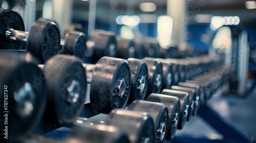 a row of dumbbells in a gym