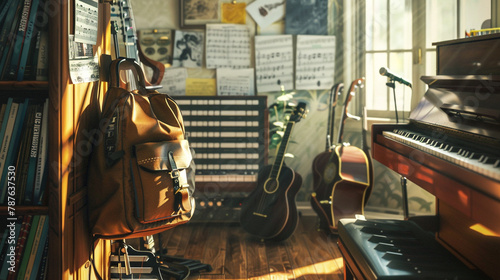 A student's school bag hanging from a hook in a music room, amidst instruments and sheet music.