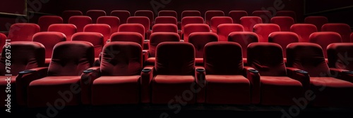 Row of red chairs in theater with lights on photo