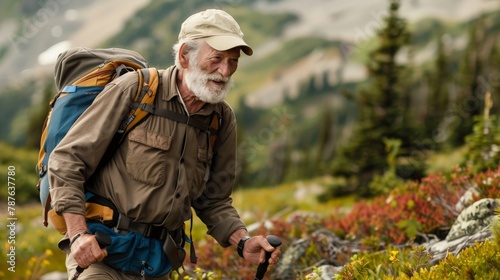 Elderly man hiking a challenging trail at high altitude, equipped with gear