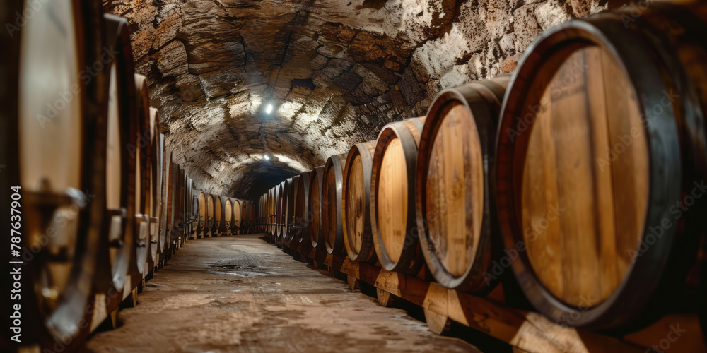 Wine barrels lined up by an old tunnel in a wine cellar in a captivating visual storytelling style.