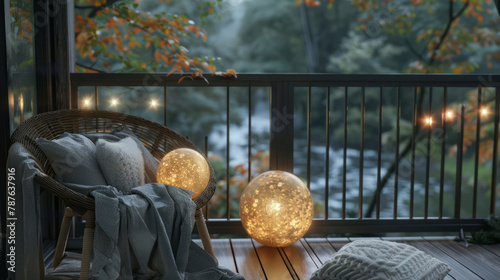 Wicker seating on an outdoor balcony with indoor lights is portrayed in a style that merges realistic, detailed rendering, atmospheric woodland imagery, and romantic riverscapes. photo