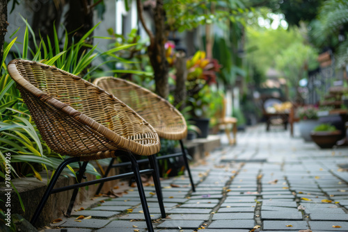 Wicker chairs sit on a sidewalk, their placement depicted in a style that emphasizes expansive spaces and batik influences. photo