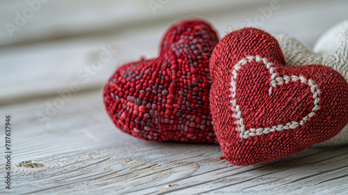 Two red hearts  one with a heart on it  in a wooden background in a style that includes unexpected fabric combinations and a white background.