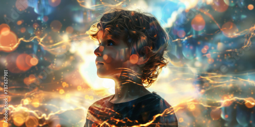 A boy in front of the future sky in a style that merges cybernetic sci-fi, bokeh, and realistic lifelike elements. photo