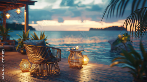 Outdoor lighting ideas for a deck in a style that merges dark yellow and light beige tones, seaside vistas, dreamy and romantic compositions, and organic elements.