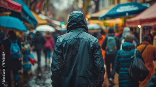 An individual in a hooded parka walking through a crowd on a city street or market is portrayed in a style that includes bold colorism and abrasive authenticity. photo