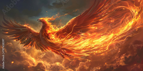 A fiery bird soars in the sky, its depiction incorporating detailed fantasy art, magical creatures, and a palette of dark and vibrant colors.