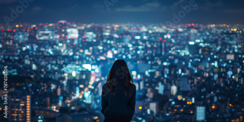 A woman looking at a city at night, humanistic empathy, and realistic yet romantic elements. photo