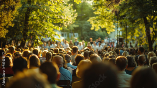 A crowd of people near trees watching a speaker in a style that merges elegance, selective focus, and packed with hidden details.