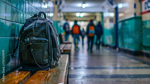 A student's school bag placed on a bench in a bustling school hallway during a class change.