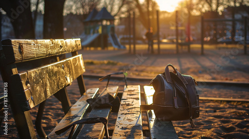 A student's school bag placed on a bench in a deserted playground during golden hour. photo