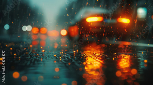 A blurry image of a dark street with lights is portrayed in a style that merges close up views, dark, foreboding landscapes, detailed craftsmanship, and performance elements.