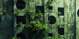 Buildings with windows through a green tree are portrayed in a style that merges futuristic abstracts, polished concrete, atmospheric environments, dramatic diagonals, grandiose ruins