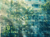 A building with windows and trees in a style that includes light aquamarine and green tones, multiple exposure, glazed surfaces, and solarization effect.