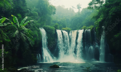 A waterfall with very huge water surrounded by a lush green jungle area is portrayed in a style that includes multilayered texture, dark white and light navy tones, and traditional elements.
