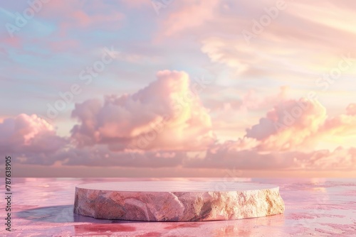 Stone podium tabletop floor in outdoor on sky pink gold pastel soft cloud blurred background.Beauty cosmetic product placement pedestal present promotion stand display - generative ai