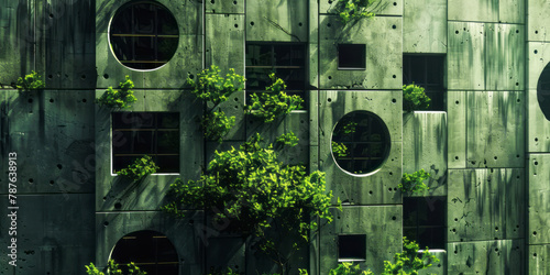 Buildings with windows through a green tree are portrayed in a style that merges futuristic abstracts, polished concrete, atmospheric environments, dramatic diagonals, grandiose ruins photo