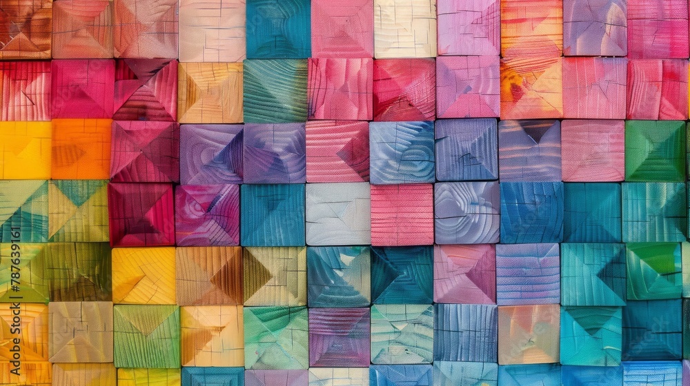 A rainbow-colored pattern of wooden blocks in a style that merges textile collages, macro perspectives, textile installation, textured pigment planes, miniature and small-scale paintings
