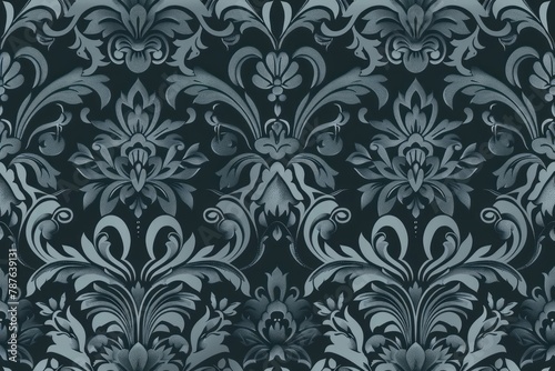 A stylized seamless floral geometric pattern with a blue tone on a blue background in a style that merges rococo ornamentation, flowing draperies, and detailed elements.