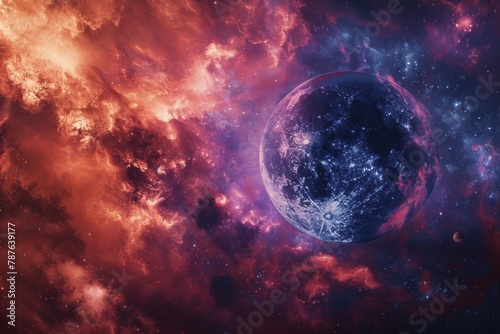 Planets and space around planets in a style that merges realistic scenery, crimson and blue tones, harmonious chaos, photorealistic detail, hellish background, and accurate topography. photo
