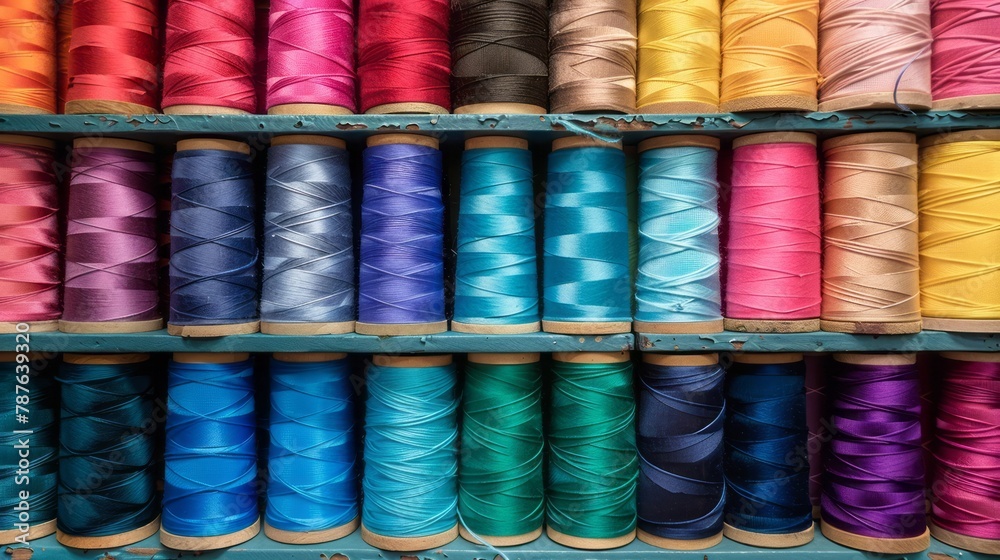Colorful spools of thread lined up on a shelf in a style that merges playfully intricate, soft color fields, crossed colors, and synchromism. Colorful spools of thread lined up on a shelf in a style that merges playfully intricate, soft color fields, crossed colors, and synchromism.