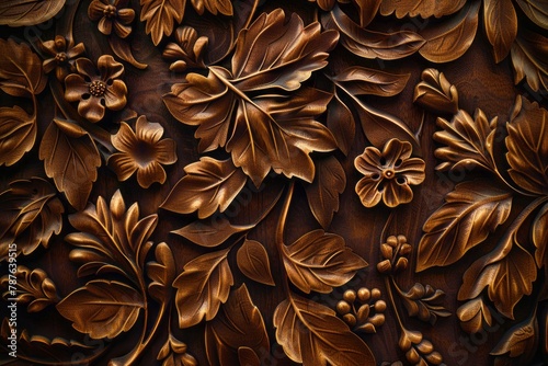 A beautiful wall covered in wood carvings in a style that includes dark brown and dark beige tones, close up view, and lush baroque still lifes.