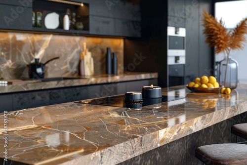 Luxurious kitchen with polished marble countertop and modern decor. photo