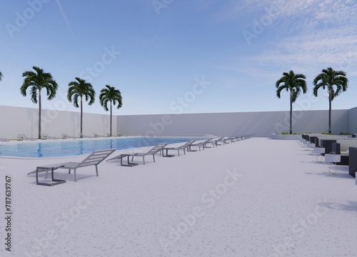 simple concrete pool palm tree sunbed side table 3d - 32345