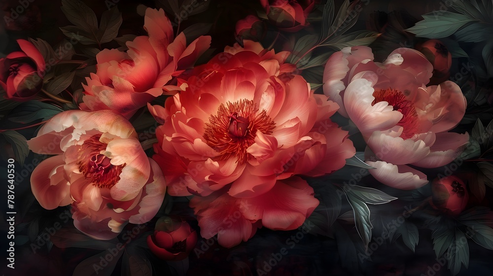 red peony botanic flowers on dark green background red peony botanic flowers on dark green background