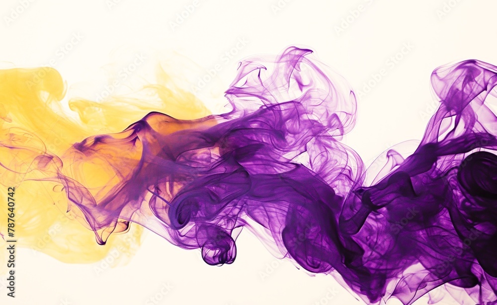 A close up of a yellow and purple colored liquid in the air