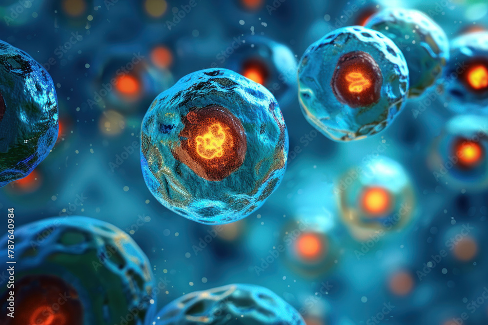 Digital illustration of blue stem cells with inner glowing cores Stock