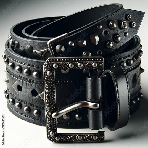 Closeup of Eye-catching Accessories, Silver Chrome Metal Studded Spiked Rivets Black Leather Fetish Sex Toy Sword Biker Belt with Buckle. Gothic Punk Case Outfit with Dog Collar, Bracelet Studs Gloves photo