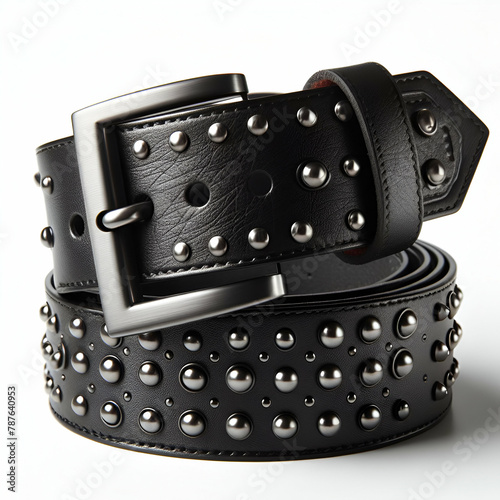 Closeup of Eye-catching Accessories, Silver Chrome Metal Studded Spiked Rivets Black Leather Fetish Sex Toy Sword Biker Belt with Buckle. Gothic Punk Case Outfit with Dog Collar, Bracelet Studs Gloves photo