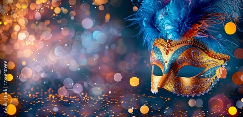 Carnival Venetian Mask Adorned with Bokeh Lights and Confetti on Abstract Defocused Backdrop. Made with Generative AI Technology (ID: 787640969)