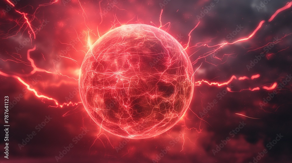 A glowing red sphere surrounded by electric energy and dark clouds, evoking a sense of power and cosmic mystery. A glowing red sphere surrounded by electric energy and dark clouds, evoking a sense of power and cosmic mystery.