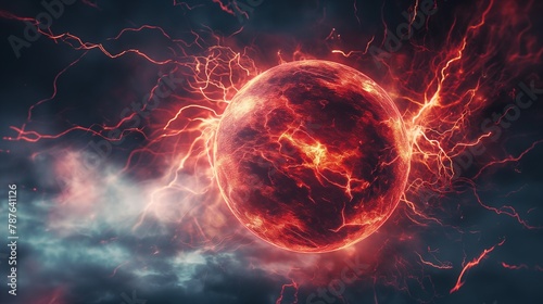 A vibrant, glowing sphere surrounded by energetic sparks and dark clouds, evoking a sense of cosmic power and mystery.