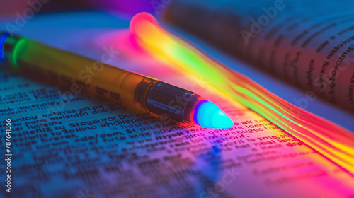 A vibrant highlighter casting a glowing hue on a textbook. photo