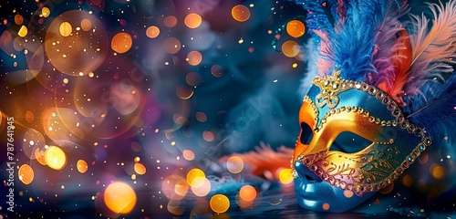 Carnival Venetian Mask Adorned with Bokeh Lights and Confetti on Abstract Defocused Backdrop. Made with Generative AI Technology (ID: 787641945)