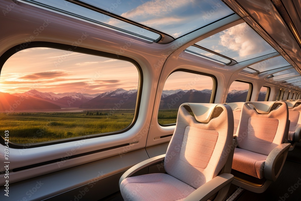 A Modern Train Car Interior Illuminated by the Warm Glow of Sunset, Featuring Plush Seats, Sleek Design Elements, and Panoramic Windows Overlooking a Scenic Landscape