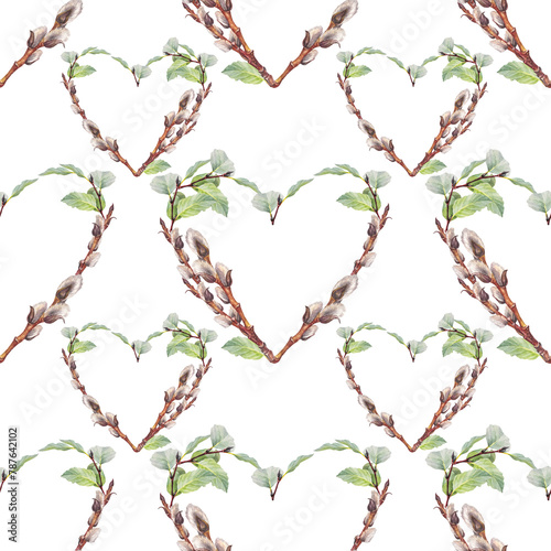 Seamless pattern with watercolor heart wreath made of twigs willow and green leaves on white background. Hand-drawn art for spring Easter decor with copy space. Bouquet for wallpaper or wrapping