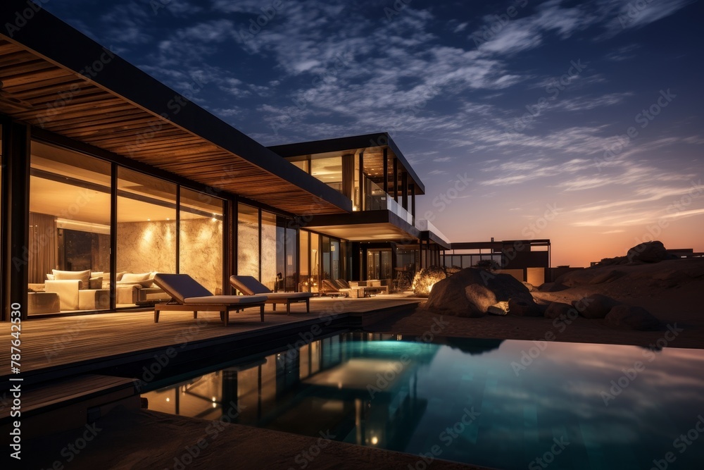 A Luxurious Desert Villa at Sunset, Nestled Among Sand Dunes with a Stunning View of the Starry Night Sky