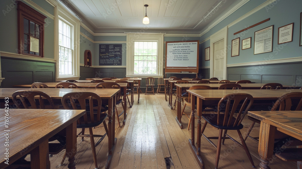 A view of an empty classroom with wooden desks and chairs, and a whiteboard displaying a literature quote.