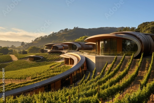 A charming hillside vineyard tasting room overlooking lush grapevines under a clear blue sky photo