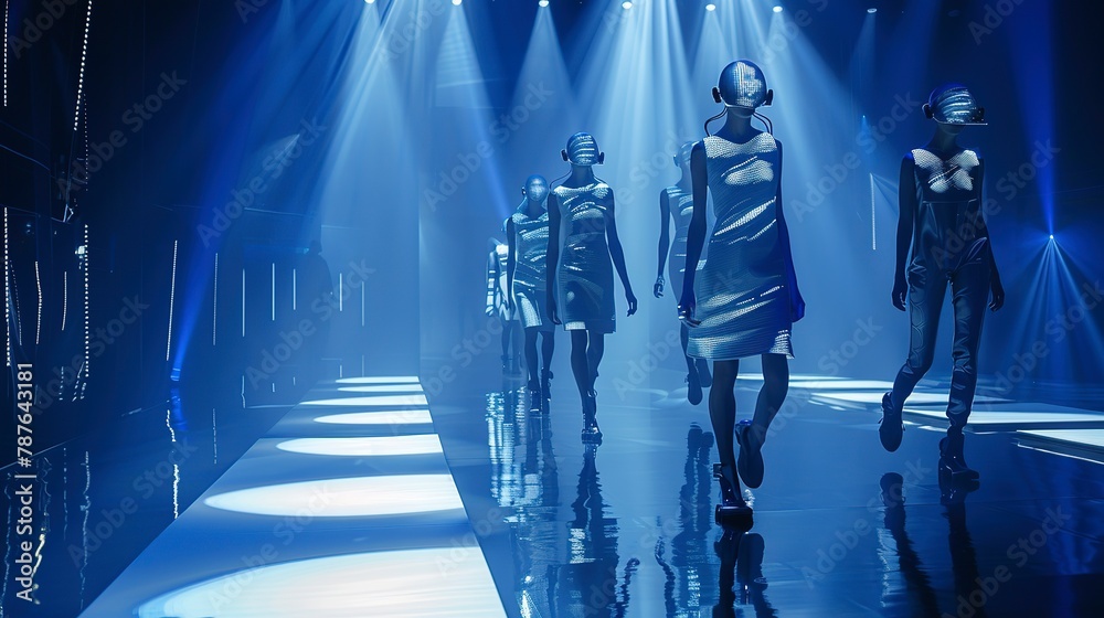 Futuristic wearable tech fashion show, catwalk view, spotlight on